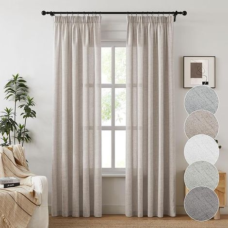 Linen Look Semi-Transparent Curtains with Ruffle Tape for Bedroom 210H x 140L cm (Beige) (1/3)
