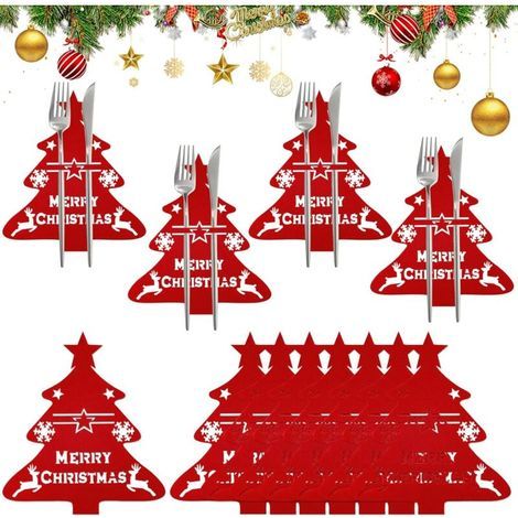 12 Pièces Porte Couverts Noel, Porte Couverts en Feutre de Noël, Sac à Couverts Noël Décorations, Sac à Couverts Sapin de Noël pour les Décorations de Table de Fête (1/5)