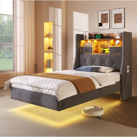 Polsterbett 90x200 mit LED und Ladestation Leinen Grau OKMYHOME (1/5)
