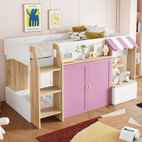 Letto a soppalco basso per bambini in legno rosa e bianco 90x200 cm con scala larga e vano inferiore (1/5)
