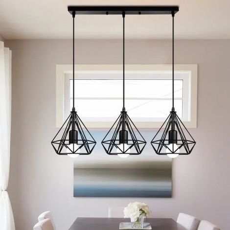 3 Lampes Suspensions Industrielle Vintage Noir Lustre Luminaire en Cage Diamant Fer Forge pour Salon Chambre (1/4)