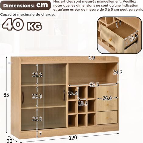 Meuble de rangement rétro 120 cm avec casiers à vin en damier, éclairage LED et portes coulissantes en verre semi-transparent, buffet multifonctionnel pour salon et salle à manger. (1/5)