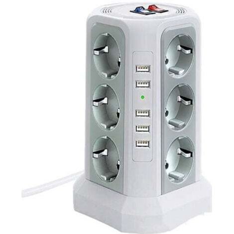 Multipresa con protezione da sovratensione, 5 porte USB e 12 prese di corrente, 3 interruttori, bianca (1/3)
