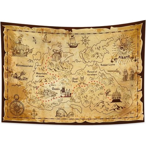 Tapisserie Carte Au Trésor Pirate, Drapeau Pirate Carte Trésor Ouest Île Itinéraire Occidenta Navigation Decoration Murale Poster Pour Dortoir Housse Lit Canapé, 150x100cm (1/5)