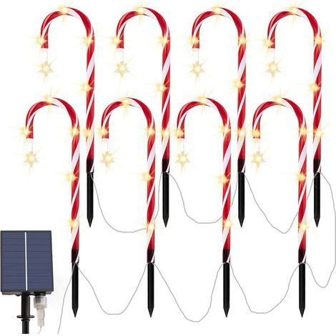 Lot de 8 cannes de bonbon solaires lumineuses, étoile, piquet de pelouse, extérieur (1/5)
