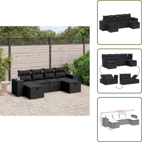 6-tlg. Garten-Sofagarnitur mit Kissen Schwarz Poly Rattan - Gartensorganisation - Gartenmöbelset - Outdoor Lounge Set - Balkonmöbel - Terrassenmöbel (1/5)