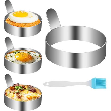 Lot de 3 moules à œufs au plat, 9 cm, avec brosse à graisse, antiadhésif, en acier inoxydable, pour la cuisson d'omelettes, crêpes, omelettes (1/5)