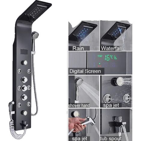 Conjunto de panel de ducha digital de lujo para baño, grifos tipo lluvia con efecto cascada, mezcladores de agua fría y caliente, negro 8009 (1/2)
