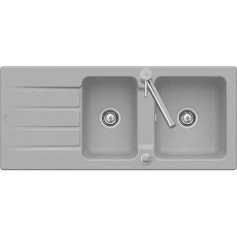 Villeroy & Boch – Évier céramique gris fossil 2 bacs 1 égouttoir – Pose à encastrer – Bonde et siphon inclus – Réversible – 1160x510mm