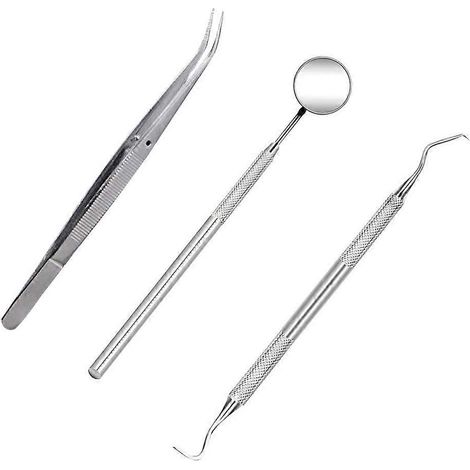 Kit d'hygiène dentaire professionnel 3 pièces : instrument de détartrage, gratte-tartre, cure-dents et miroir buccal (argenté)-3pcs-Silver