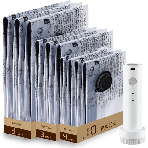 10 Sacs De Stockage Sous Vide+Pompe À Air Électrique Sans Fil -Plusieurs Tailles (3×60×80/3×50×70/4×40×60 CM)Matériau Réutilisable PA+PE, Économise 80% Espace, Idéal Pour Voyages (1/5)