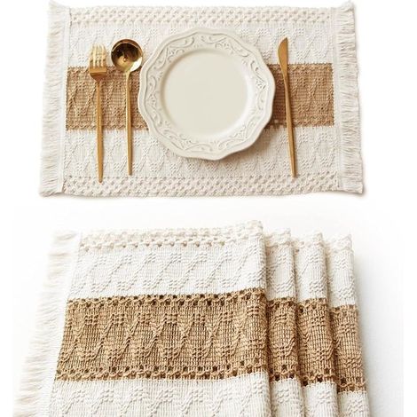 REWYTAZ Boho-Tischsets 4er-Set Makramee-Tischdekoration im Landhausstil Aus natürlicher Baumwolle und Jute Für Küche Esstisch und Wohnaccessoires (1/5)