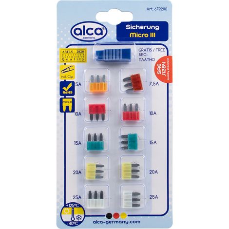 alca® Micro 3 Sicherungen 5 - 25 A 10 St. Blister Auto 3-Pin-Sicherungen Micro3 10er Set Sortiment Flachsicherungen Motorrad Wohnwagen Beleuchtung
