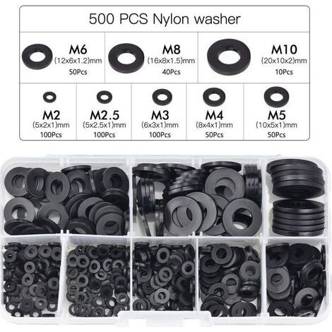 500 Pcs Rondelles Plastique Noir Rondelles À Verrouillage Fixations, Rondelle Autobloquante Assortiment Rondelle Mécanique M2.5 M3 M4 M5 M6 M8 M10