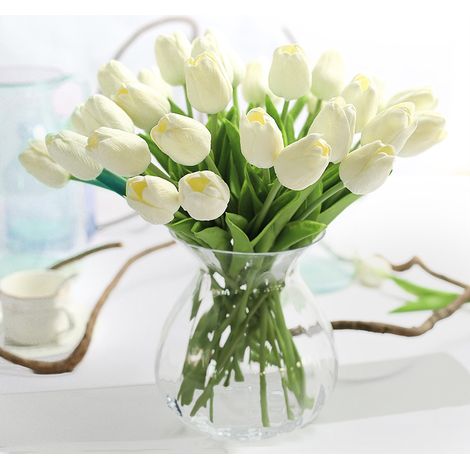 Bouquet di 10 tulipani artificiali in PU dall'aspetto realistico con steli bianchi (1/5)