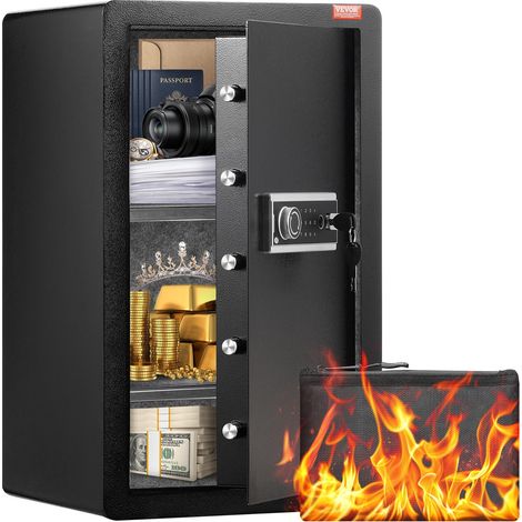 Coffre-fort à Porte Simple 113 L, 3 Façons de Déverrouillage (Clé, Mot de Passe et Empreinte Digitale), avec Sac Ignifuge, Porte-Clés, Lumière LED et 2 Étagères, pour Argent, Documents, Bijoux (1/5)