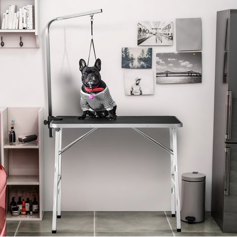 Mesa de peluquería para mascotas 90 x 60 x 76 cm, brazo regulable, negro y blanco OKMYHOME (1/5)