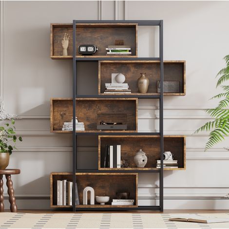 MEUBLIV Bücherregal 121×35×176 cm aus MDF, Braun und Schwarz, mit Regalböden (1/5)