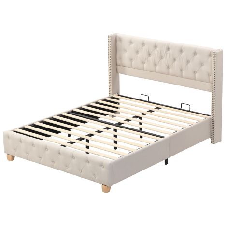 Lit capitonné 140x190cm beige lin sommier lattes rivets pieds bois (1/5)
