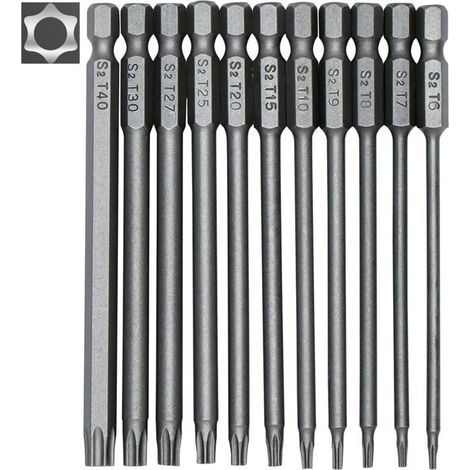 Länge 100 mm – Set mit 11 langen Bits für Schraubendreher und Elektroschrauber – Magnetische Bits – 1/4"-Sechskantschaft – Größen T6 bis T40 (1/5)