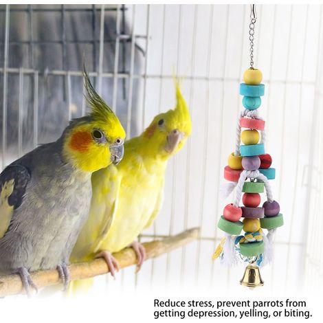 Jouets colorés pour perroquets, jouet à mâcher suspendu en bois naturel avec clochette, accessoires pour cage (1/5)