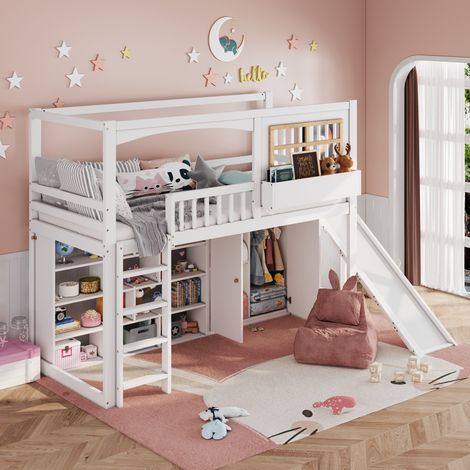 Lit superposé avec toboggan 90 x 200 cm, lit enfant avec armoire et étagères,barrières de sécurité, bois blanc (1/5)