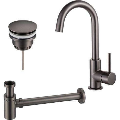 Fortifura Calvi Kit robinet lavabo - robinet haut - bec rotatif - bonde non-obturable - siphon design bas - Gunmetal PVD