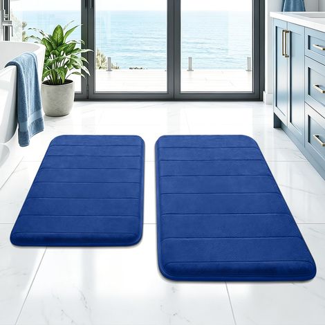 Lot de 2 tapis de bain en mousse à mémoire de forme, antidérapants et absorbants, lavables, doux et à séchage rapide, tapis de salle de bain pour douche, WC et baignoire, bleu (1/5)