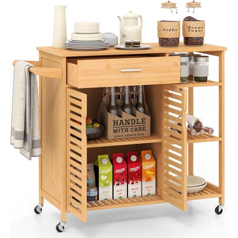 Desserte de Cuisine à roulettes en Bambou, Chariot de Rangement avec Tiroir, 3 Étagères Ouvertes et Armoire 2 Portes à Lattes, Salon, Naturel (1/2)