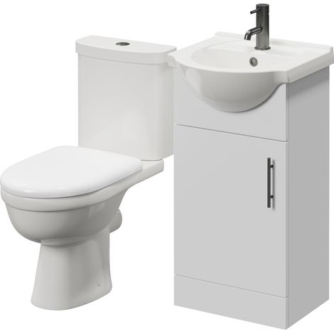 Alexander James Gloss White 450mm Single Door Vanity Unit and Ideal Toilet Suite - 450mm - Gunmetal Grey 96mm Bar Handle