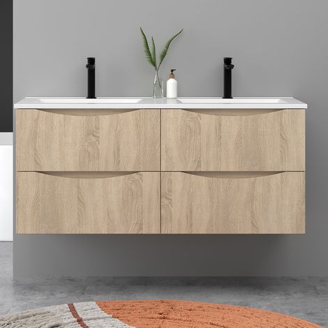 Meuble de salle de bain suspendu 120cm avec double vasque + 4 tiroirs, Chêne