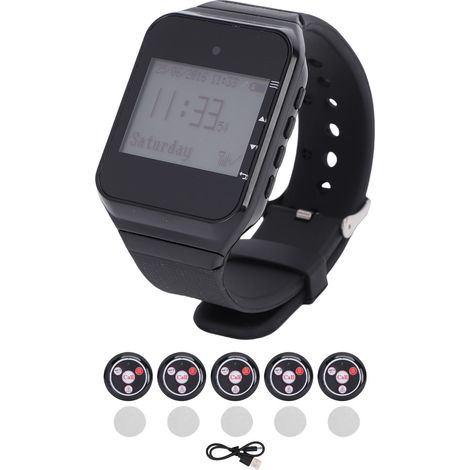 Système d'Appel Sans Fil pour Serveur – 5 Boutons 4 Touches – Montre Réceptrice Écran LCD – Étanche IPX4 – Portée 100 m – Pour Restaurant, Bar, Hôtel & Maison (1/5)