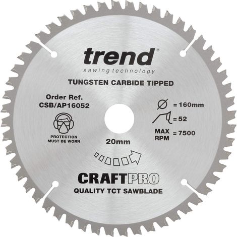 Trend Lama per sega circolare CraftPro TCT per piano di lavoro in alluminio e plastica, diametro 160 mm x 52 denti x foro 20 mm, punta in carburo di tungsteno, CSB/AP16052 (1/4)