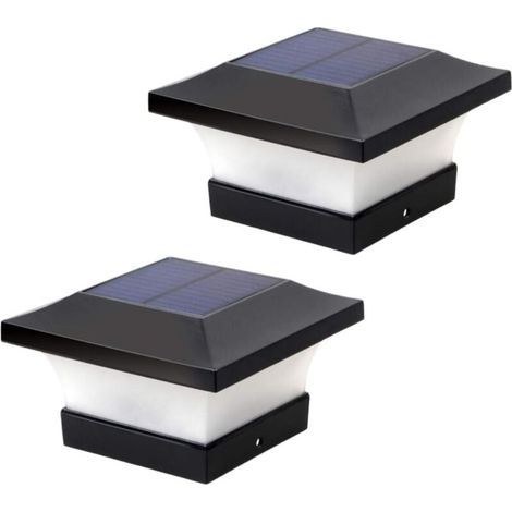 Lot de 2 lampes solaires pour poteau d'extérieur pour éclairage de pont de clôture, éclairage solaire LED haute luminosité 6000 K blanc pour poteaux 4 x 4, 5 x 5 ou 6 x 6 (1/4)