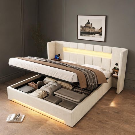 Cadre de lit beige en velours 245 x 212 x 103 cm (1/5)
