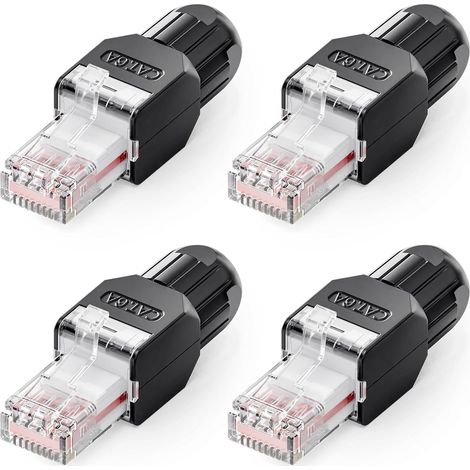 Sollbry 4 Pièces Connecteur RJ45 sans Outil Cat6A, Fiche, Noir,10 Gbps/500 MHz, Prise Compacte Réutilisable, Fiche Ethernet UTP Plaqué or pour Câble Réseau (1/5)