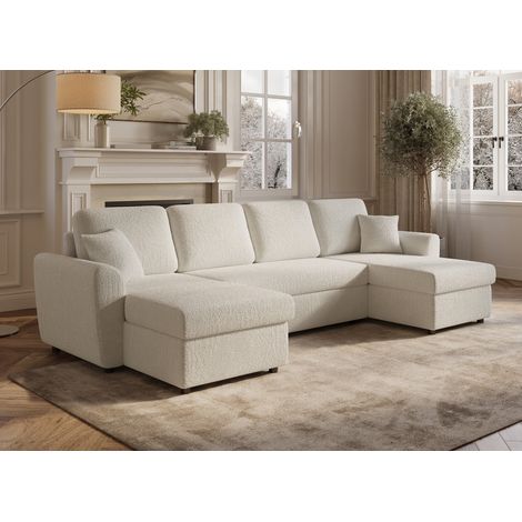 Deco In Paris – Canapé d'angle convertible en U avec 2 coffres de rangement – Tissu bouclette beige – Largeur 287 cm – Couchage 257 x 115 cm (1/5)