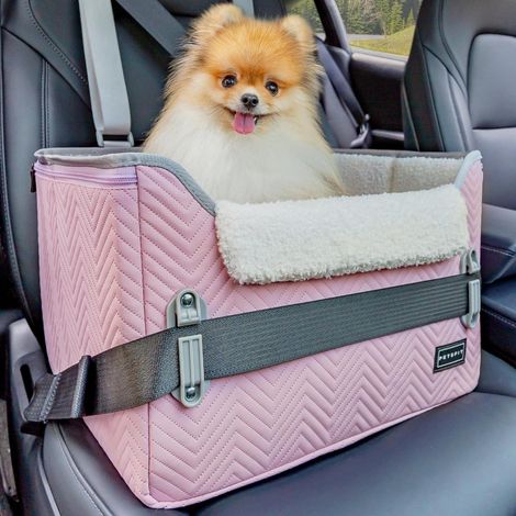 Hunde Autositz für kleine Hunde, 2-in-1 Autositz & Hundebett, Rosa Leder (1/5)