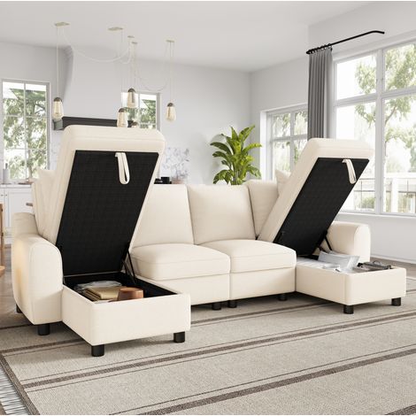 Canapé d'angle U 280x137x84 cm en chenille beige, modulable avec rangement pour salon FloraGrace (1/5)