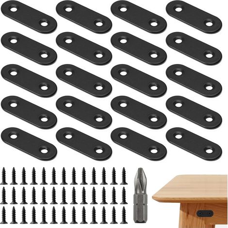 20 Pièces Connecteurs Plats en Acier Inoxydable, 56 x 16 mm Plaque Perforée Noir Plaques de Connexion, Fixation Droits Plats, avec 40 Vis et 1 Embout, pour Réparation Fixation de Meubles (1/5)
