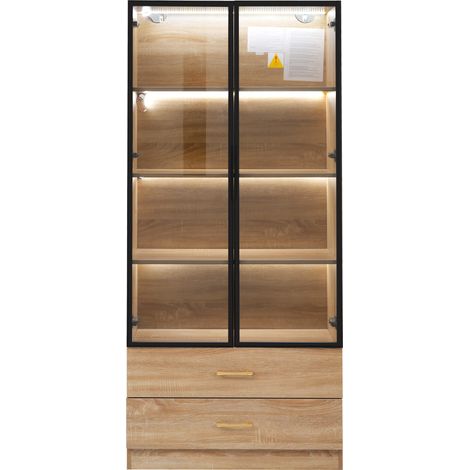 Meuble de salle de bain, taille moyenne, avec barre lumineuse, 75 cm de large, avec 2 grands tiroirs et 2 portes, porte vitrée (1/5)