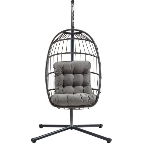 Hängesessel Schwarz aus Rattan, Garten Schaukel mit Kissen,
