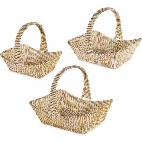 Cestini di corda intrecciata in carta bianco oro con manico, Grande: cm 36 x 28,5 x 12 H