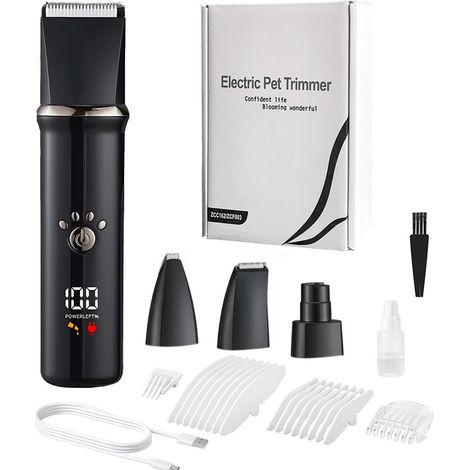 (Lubrifiant inclus) Tondeuse électrique 4 en 1 pour animaux avec affichage numérique, fonction rasage et lime à ongles, port USB (1/5)