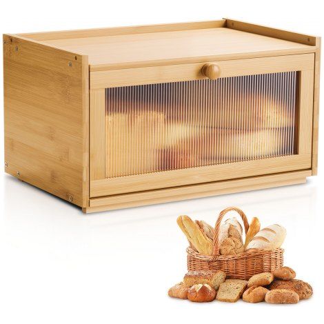 Panera para Encimera de Cocina, Contenedor de Bambú de Gran Capacidad para Almacenar Pan, con Panel de Puerta Acrílico Ondulado, Color Madera Natural, Forma Rectángulo, 400 x 250 x 220 mm (1/5)