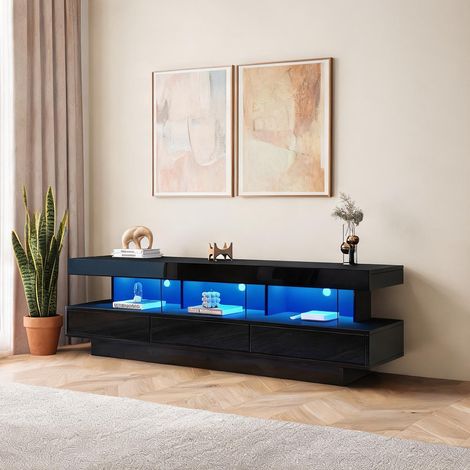 Meuble TV haute brillance noir 160 cm avec 3 étagères en verre (1/5)