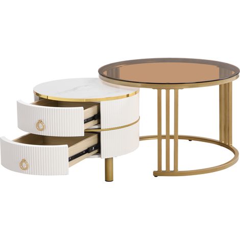ELVMI Tavolini bassi impilabili con 2 Cassetti, Piano in Vetro Temperato e MDF, per Soggiorno, Bianco, 70 × 70 × 45 cm (1/5)