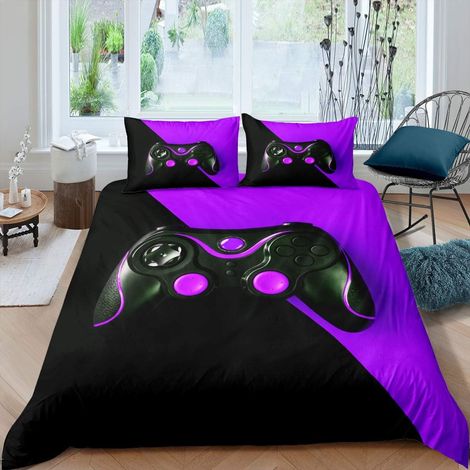 Jeux Housse de Couette Joueur Jeu Vidéo Parure de Lit 220x240cm pour Enfants Garçons Console Gamepad Sets de Housse de Couette Jeu Manette Chambre à Coucher 3 pièces Noir Violet - 220x240 cm (1/5)