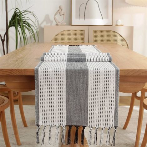 Tischläufer im Boho-Stil cremefarben Landhausstil mit Quasten abwaschbar für Partys Geburtstage Feste und Hochzeiten drei Streifen dunkelgrau 33 33 (1/5)