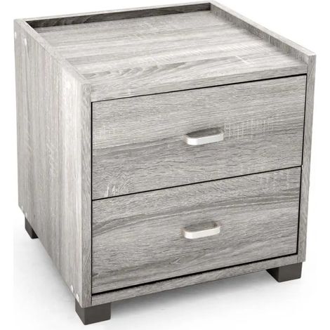 Mesita de noche Atena en roble gris, 43 x 40 x 44 cm, con 2 amplios cassettes